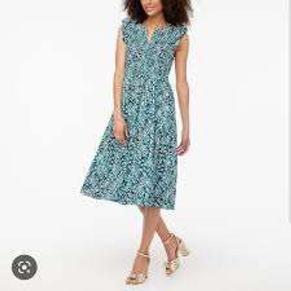 J.Crew Blue Green Floral Smocked Waist Ruffle Sleeve Midi Dress Small Cotton